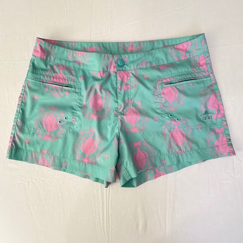 5Fin Womens Board Shorts Size 12 Teal Pink Fish Print Ripstop Fishing Beach